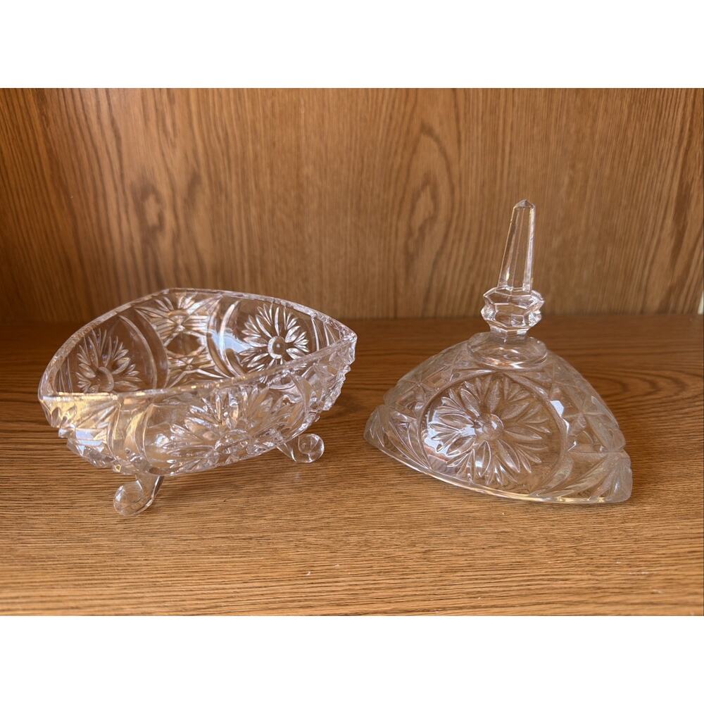Vintage Lead Crystal Cut Glass Footed Compote Candy Dish Lid